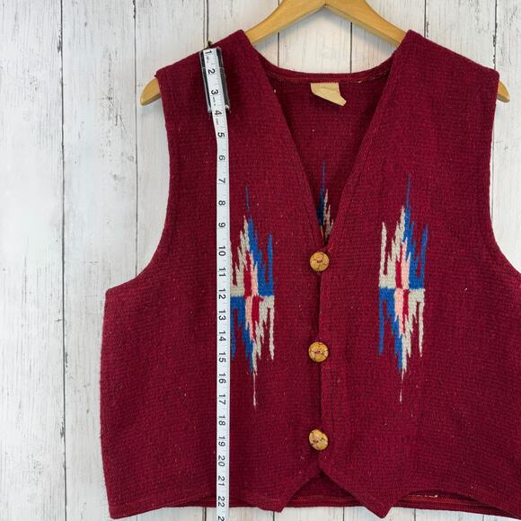 VTG Molina Red Wool Chimayo Handwoven Button Vest Mexico Navajo Size XL Unisex - Picture 7 of 16